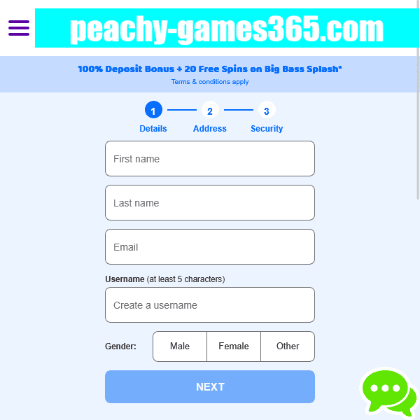 Peachy Games registration step 1 form